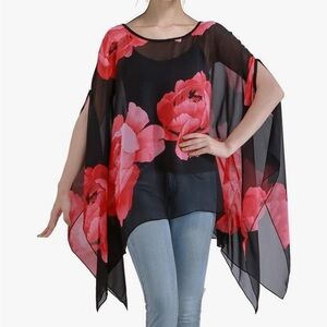 Floral Sheer Black and Pink Red scarf poncho pashmina Fairy top